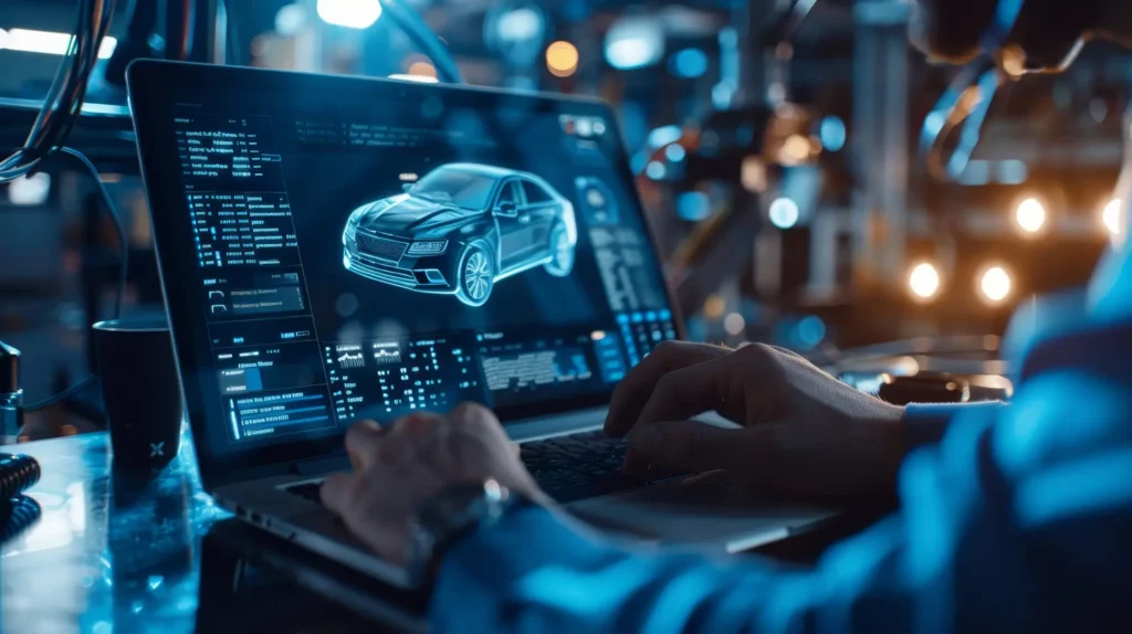 Gecertificeerde expert met diagnose laptop in werkplaats