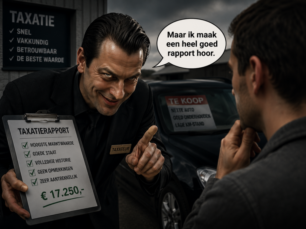 Smarmy taxateur biedt autohandelaar een veel te hoog taxatierapport aan met TAXATIERAPPORT klembord, satirische illustratie bij artikel 110 VWEU