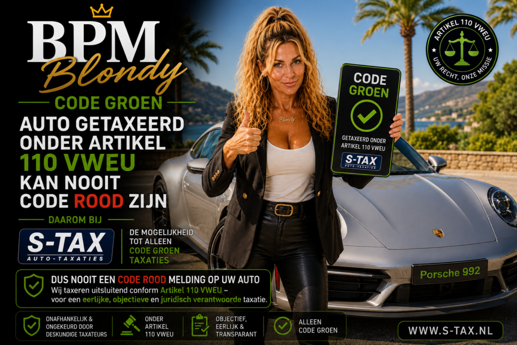 S-TAX Code Groen, getaxeerd onder artikel 110 VWEU, met een Porsche 992 en de keurmerken eerlijk, objectief en juridisch verantwoord