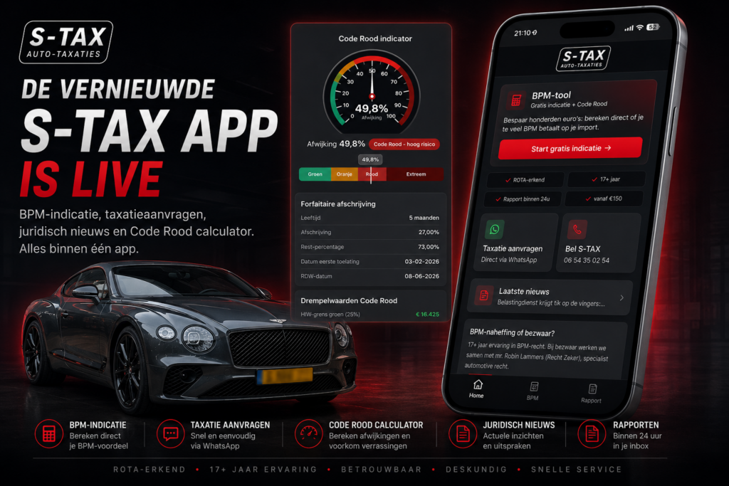 De vernieuwde S-TAX Auto-Taxaties app met BPM-indicatie en Code Rood calculator